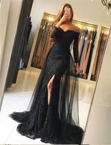 魅力的な黒の長袖のウエディングのドレスの夜のフォーマルガウンレースVネックイリジュリッピービーズマーメイドレッドカーペットセレブドレス