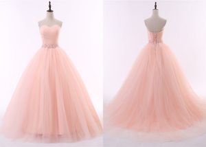 Elegant Peach Ball Gown Evening Dress Long Sweetheart Pleated Organza Beaded Crystal Ribbon Corset Back Cheap Prom Formal Dresses Gowns