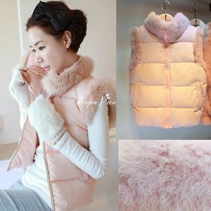 Autumn Winter new women's stand collar real natural rabbit fur collar sleeveless warm down cotton padded liner short vest coat parka casacos