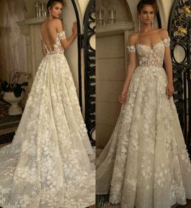 Berta Bahar Gelinlik Omuzdan Ardından Ardından Backless 3D Çiçek Aplike Artı Boyut Sequins Beach Gelin Gowns A Hat Robe de Marie