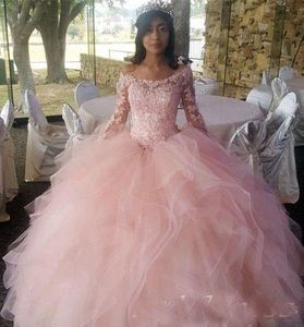 Cascading Ruffles Ball Gown Quinceanera Dresses Long Sleeve Hollow Back Illusion Bodice Sweep Train Applique Prom Party Gowns Sweet 15 Dress
