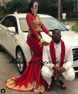 Evening Dresses 2019 Dark Red New Dubai Arabic Prom Gowns Long Sleeve Mermaid Gold Lace Applique Party Dress Black Couple Day