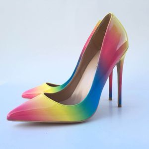 Rainbow Thin-Heeled Pointed High Heeled Skor 12cm Super High Heeled Fashionable och Sexy T-Stage Damskor Skräddarsydda 33-44 meter