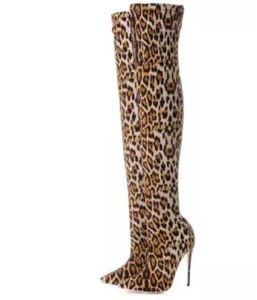 2018 sexy Damenstiefel Leopardenstiefeletten dünner Absatz über kniehohe Stiefel Damen Partyschuhe Mode Leopardenmuster Stiefeletten Damen