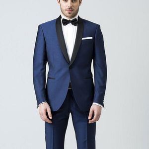 Najnowszy Handsom One Button Navy Blue Wedding Groom Tuxedos Men Garnitury Wedding / Prom / Dinner Man Blazer (Kurtka + Tie + Paski + Spodnie) A