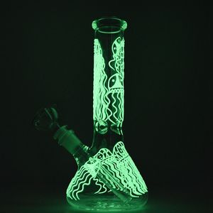 Hot Glass Bongs Jellyfish Pattern Hookahs Oil Rigs Straight Tube Beaker Bong Dab Rig Glow In The Dark Water Pipes GID04