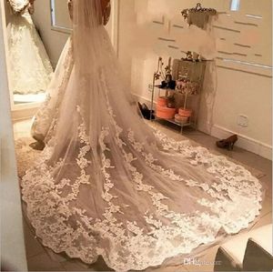 In Stock Bridal Veils 2020 White/Ivory Stunning Lace Appliques Wedding Veils Cathedral Train Two Layers Bridal Accessories with Combs
