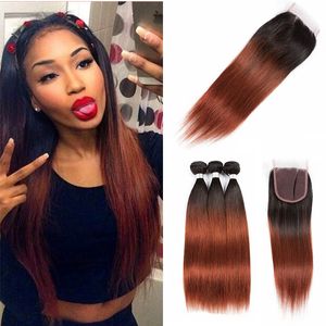 Two Tone 1B/33# Ombre Straight Virgin Hair 3/4 Bundles With Lace Closure Dark Auburn Peruvian Human Hair Weaves With Lace Closure