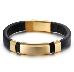Punk véritable cuir noir Simple Wrap hommes Bracelet couleur or acier inoxydable Bracelet classique hommes Bracelets Bracelets bijoux