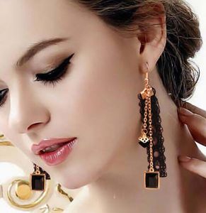 new hot Korean black lace earrings girl crystal ribbon personality fashion tassel earrings fashion classic elegant