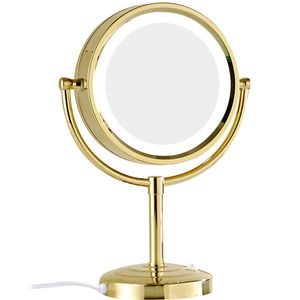 Espelho de maquiagem com ampliação de 10x/1x GURUN com luzes LED Espelho redondo de vidro de cristal de dupla face com acabamento dourado M2208DJ