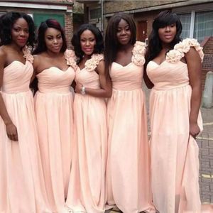 Light Pink Bridesmaid Dresses One Shoulder A-Line Chiffon Party Gowns Back Zipper Tiered Ruffle Custom Made Prom Gowns With hand Made Flower