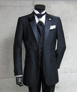 2018 Custom Made Real Foto Um Botão Preto Noivo Smoking Pico Lapela Melhor homem Groomsman Homens Ternos De Casamento Noivo (Jacket + Pants + Vest)