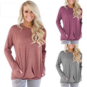 2018 Autumn Winter Fashion New Women's Round Neck Long Bat Sleeve Pocket Decorative T Shirt 11 Colors Large Stock