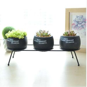 Set of 3 Cement Succulent Planter Pots Round Flower Pot Black Flower Planter with Iron Metal Shelf (3 Pots + 1 Stand)