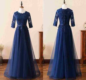Elegant Navy Blue Lace Evening Gowns Cheap With Illusion Half Sleeves Applique 2018 Tulle A line Lace up Back Prom Formal Dress