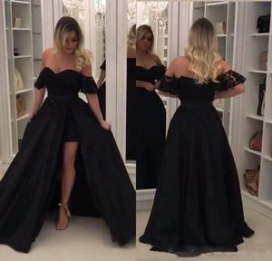 Elegante schwarze lange Abendkleider, kurze Vorderseite, lange Rückseite, Spilit A-Linie, schulterfrei, Spitze, Abendkleider, formelles Damen-Partykleid, Abendkleider