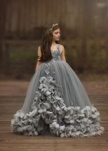 グレーフラワーガールズドレス2019 3D花のページェントドレス