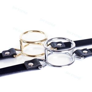 Bondage Deep Throat Mouth Open Gag leather strap Stainless steel dual 39mm O-ring Locked #G94