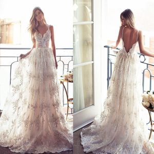 2022 A-line Long Sexy Lace Bridal Wedding Gowns Spaghetti Straps V-back Boho Party Dress Applique Backless Bohemian Wedding Dresses