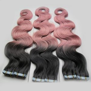 Tape Human Hair Extensions Body Wave T1b / Pink Ombre Tape Hårförlängningar 300g 120pcs Hud väftband hårförlängningar färgglada