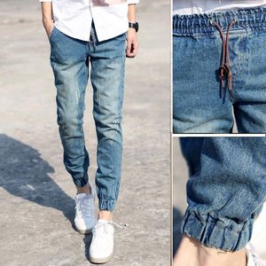 Wholesale-Classic Mens Joggers Light Blue Biker Denim Pants Male Elastic Waist Drawstring Trend Slim Fit Men Casual Jeans Active Pant 3XL