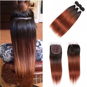 Pre-colored rå malaysiska hårbuntar med stängning 1b 33 ombre auburn rakt mänskligt hår väv med stängning 100% mänskligt hår