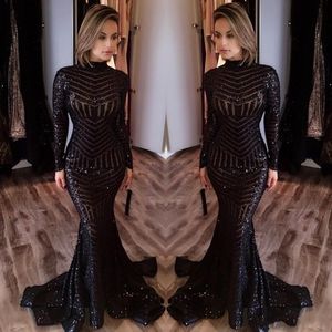 Black Sparkly Cheap Sequined Lace High Neck Long Sleeves Floor Length Mermaid Prom Party Dresses Formal Evening Gowns