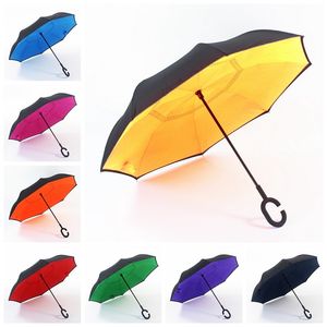 Hediye Şemsiyeleri toptan satış-Windproof Ters Katlanır DouBle Katmanlı Ters Şemsiye Güneşli Yağmurlu Yaratıcı Kendini Dışında Standı C Kolu Araba Açık Şemsiye İdeal Hediye