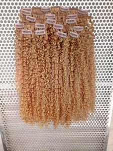 Brazilian Clip In Hair Extensions Human Virgin Remy Light Brown Kinky Curly 27# 120g One Set