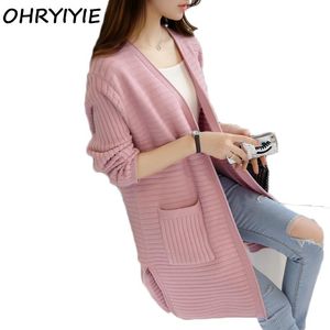 OHRYIYIE Rosa / Azul De Malha Longo Cardigan Mulheres Camisola 2017 Primavera Outono Casuais Tricot Cardigan Sólidos Blusas Femininas