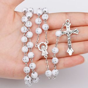 8mm New White Rosary Beads Religious Catholic Rosary Necklace Five-Decade Rosary Prayer Jesus Crucifix Stars Mary Centerpiece