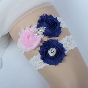 Royal azul rosa nupcial garters perna Garter nupcial do casamento Garter Belt 2 peças set rendas strass cristais pérolas em estoque barato