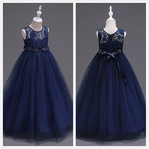 Cute Navy Blue Tulle A Line Sash Long Flower Girls' Dresses Crew Neck Sleeveless Lace Top Birthday Party Little Girl Dresses In Stock MC0889