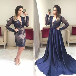Elegant Dark Navy Mother of the Bride Dresses V Neck Lace Long Sleeve Sheath Mother's Dress Two Pieces Formal Evening Gowns Plus Size