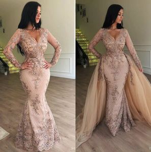 Sparkly Mermaid Lace Evening Dresses Long Sleeve V neck Lace Prom Dress With Detachable Train Formal Party Gowns