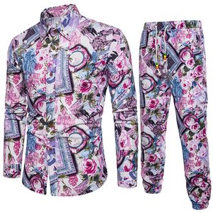 Blomma tryckt män kläder Nya mode manliga smala spårsräder gentleman blommig semester kostym 5xl plus size byxor och skjortor set