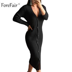 Forefair V Neck Jesień Sweter Sukienka Kobiety 2018 Przyciski przednie Sexy Midi Bodycon Sukienka Czarna Żółta Zimowa Kobieta Dzianiny Dress D18102902