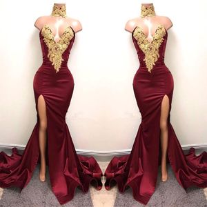 Sexig Burgundy Ny design 2K18 2018 Mermaid Prom Klänningar Guld Lace Appliqued Mermaid High Front Split Long Party Evening Wear Gowns Billiga