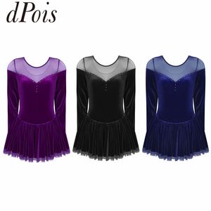 DPOIS New Women Long Sleeve Velvet Figure Skating Dress Adult Ballet Tutu Dress Gymnastics Leotard Practice Dance Costume198K