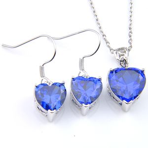 LuckyShine 5 Sets Crystal Zircon Heart Blue Topaz Earrings and Pendant Chain Necklace 925 Silver Women Fashion Wedding Sets FREE SHIPPING!