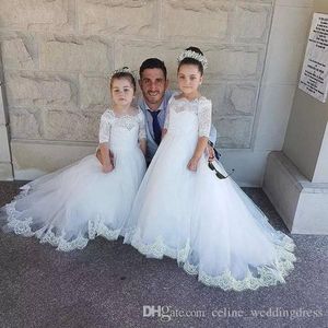 Abito da ballo bianco avorio maniche lunghe fiori abiti da ragazza per matrimoni abito da prima comunione in pizzo abiti da spettacolo con fiocco