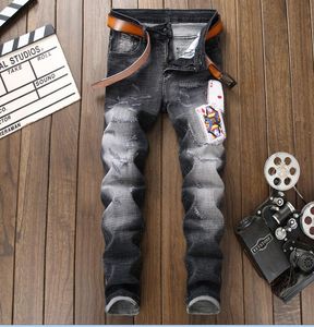 top quality men's playing card embroidery luxury Jeans Designer Men Jeans hole Famous Brand Slim Fit Mens Printed Jeans Denim Pants 15019-1