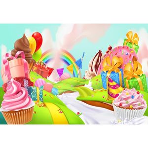 Cartoon-Süßigkeitsland-Hintergrund, bedruckt, Geschenkboxen, Kuchen, Milchfluss, Flaggen, Regenbogen, Baby, Kindergeburtstag, Party, Fotoautomaten-Hintergrund