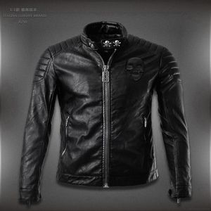 Wholesale- New Hot HOt New Warm Men's Leather Motorcycle Standing Collar Jackets Coat embroidery skulls free shipping