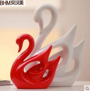 Red ceramic Swan lovers home decor crafts room decoration handicraft ornament porcelain animal figurines wedding decorations