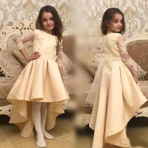 Pageant Dresses For Girls 2018 Light Yellow Lace 3/4 Long Sleeve Satin Hi Low Flower Girl Dresses For Weddings With Sash EN1228