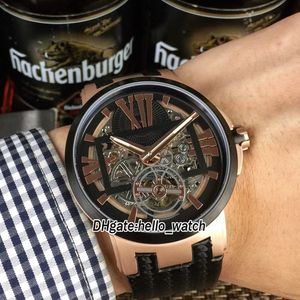 Tani Nowy Executive 1713-139 Skeletonourbillon Czarny Koszulka Dial Automatyczny Zegarek Mens Rose Gold Case Skórzany Pasek Sport Nowe zegarki