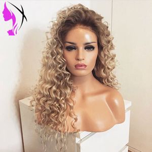 New brown roots with blonde color ombre wigs Heat Resistant two tone afro kinky curly synthetic lace front wig for africa american