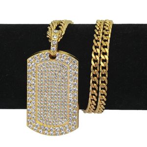 Mens hip hop halsband smycken full rhinestone iced out dog tag hängande guld halsband för män
